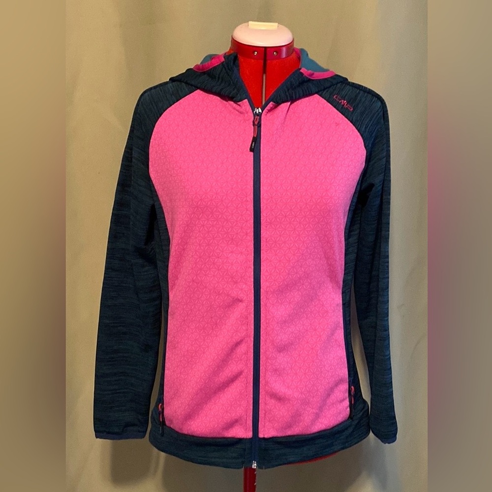 CMP Damen Stretch Performance Fleece Jacket Fix Hood Full Zip Pink Blue  S NWT